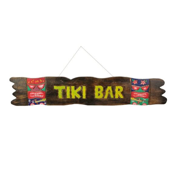 39-Inch Hand-Carved Wooden Tiki Sign with Rope Hanger - Beachy Decor - Picture 1 of 7